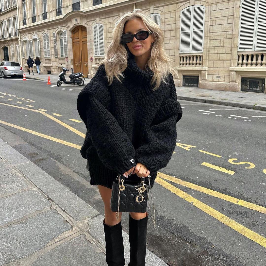 

Осень-зима Винтажный свободный топ с длинными рукавами Однотонный пуловер Трикотажная одежда Свитер с воротником-стойкой XL чёрный