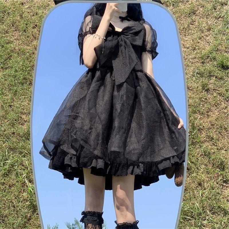 Sweet Short Sleeve Princess Stomach Cinching Puffy Mini Dress for Women Summer Style French Initial Short Skirt