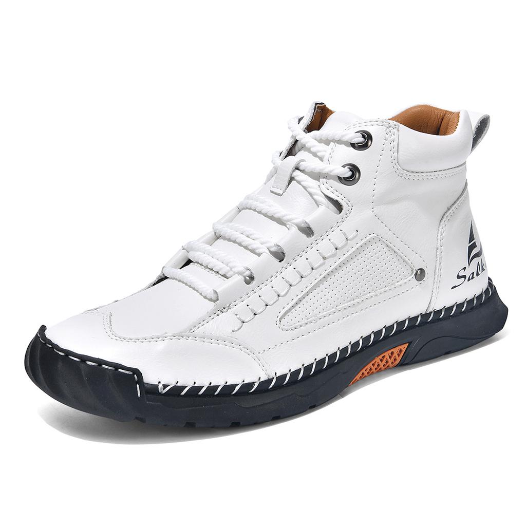 Large-size men's high-top leather boots Hand-stitched ankle boots Flat-soled lace-up casual shoes