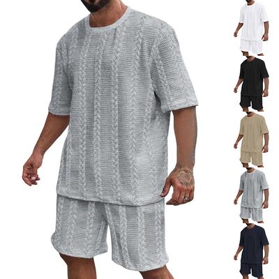 Men's Knitted Solid Color Round Neck Jacquard Short-sleeved Shorts Set, Sports and Leisure 2-piece Set