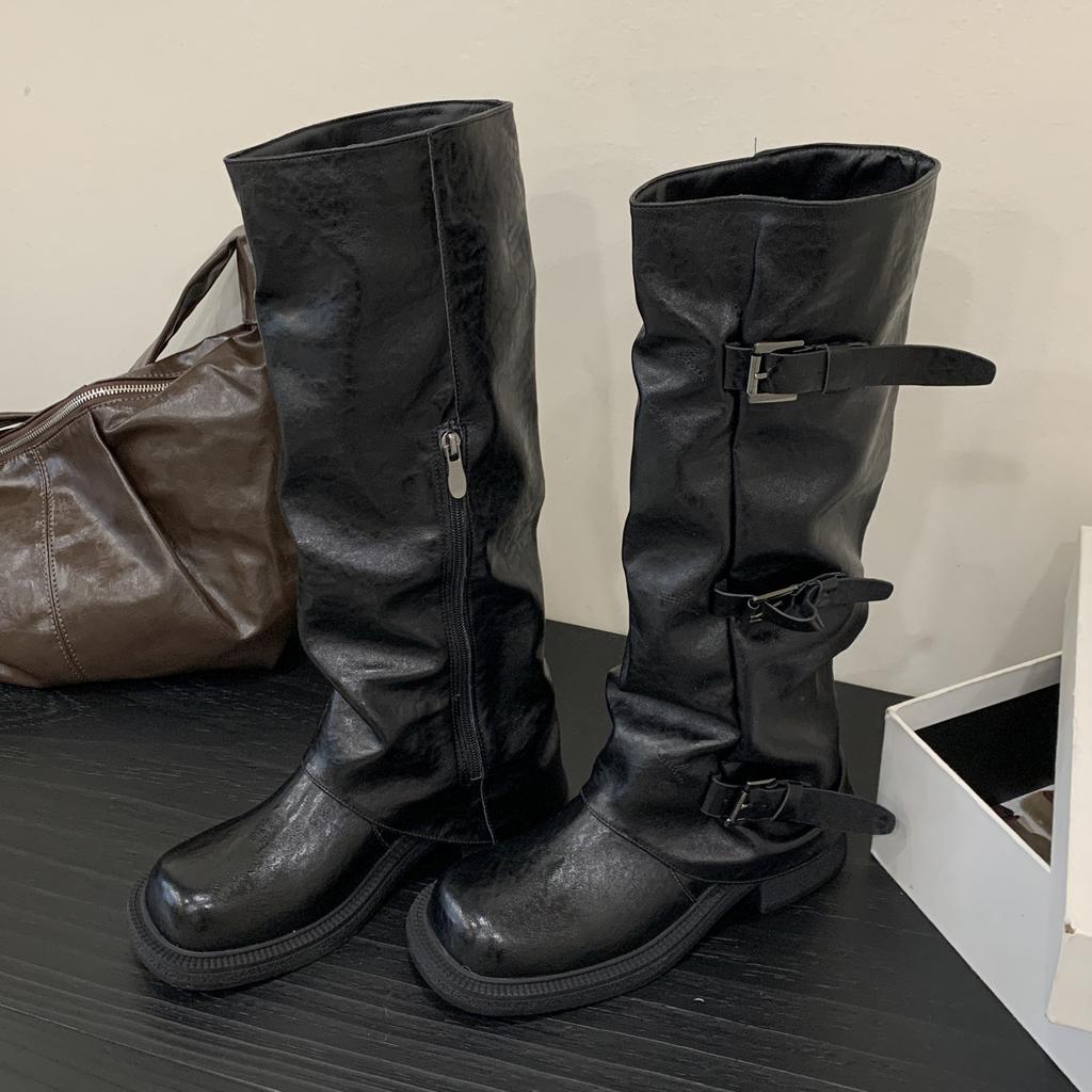 Eilyken Winter Vintage Round Toe Square Heels Women Knee High Boots Designer Narrow Band Belt Buckle Comfortable Shoes