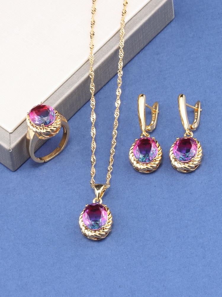 Romantic Wedding Fashion Women Accessories Necklace And Earrings Ring Colorful Zircon Sets  Gold Plated Jewelry For You Gift