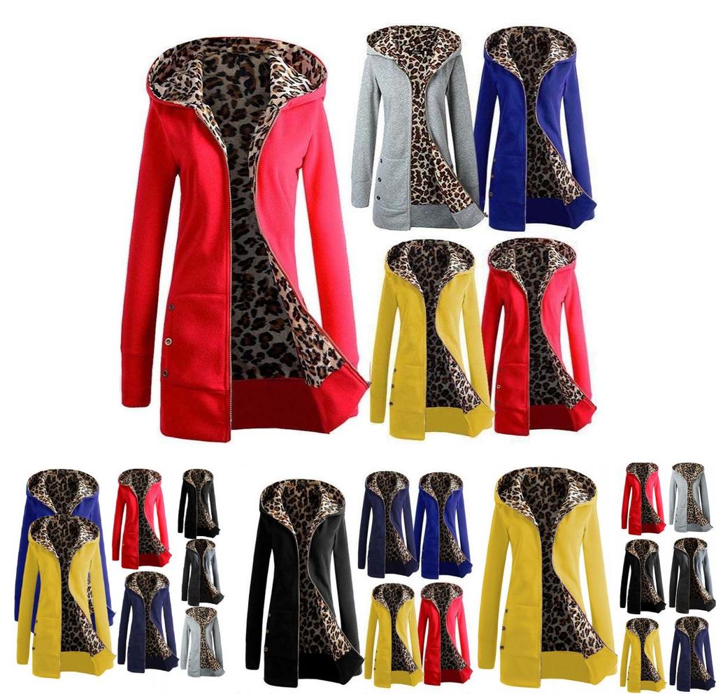 Womens Stylish Zip Hooded Coat With Leopard Print Hoodie And Warm Winter Outerwear