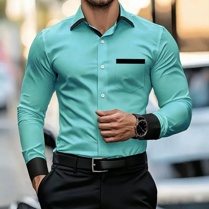 Men's Wrinkle Free Long Sleeve Shirt, Stretch Slim Fit Contrast Collar Luxury Commute Business Casual Shirt for Young Men
