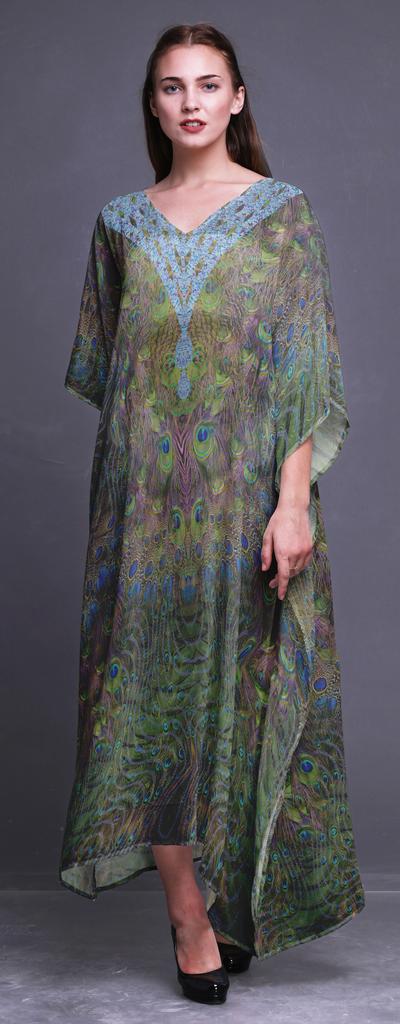 Phagun Peacock Feather Ladies Plus Size Kaftan Summer Wear Beach Coverup Kimono