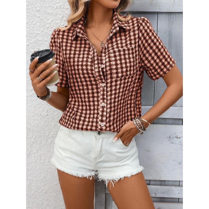 2026 Spring/Summer New Women's Loose Short-Sleeve Pocket Casual Plaid Shirt