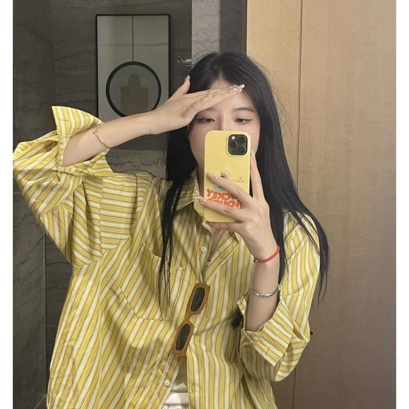 Hong Kong Style Vertical Striped Shirt New Style College Style Loose and Versatile Long-sleeved Shirt Spring and Autumn Wear for Women