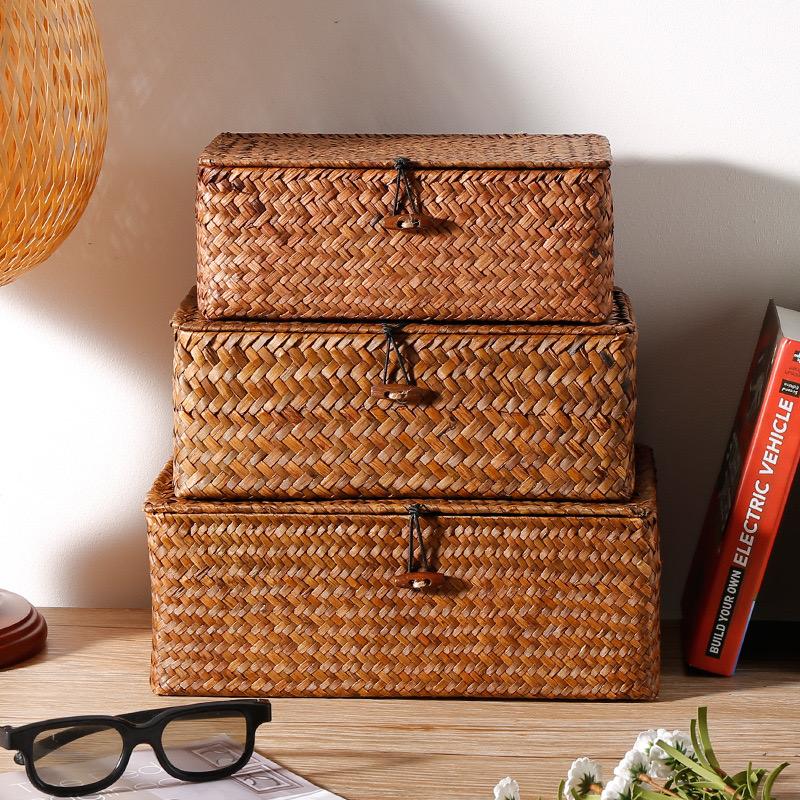 Seaweed Storage Basket with Lid Handmade Woven Storage Finishing Box Closet Organizer Sundry Bath Cosmetic Towel Container