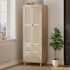 Bedroom Wardrobe with 2 Rattan Doors, 2 Drawers and Hanging Rail, 63 X 47 X 185 Cm, Natural Wood