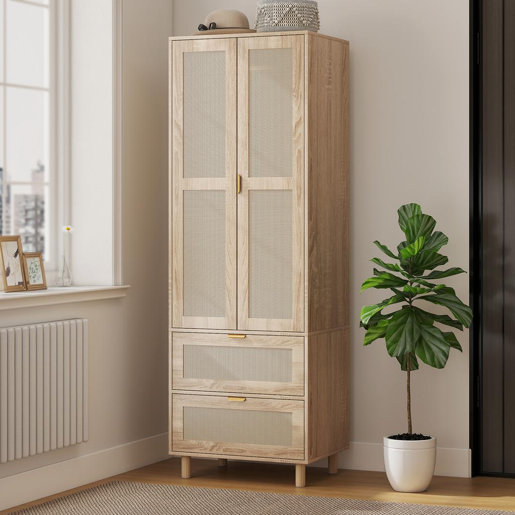 Bedroom Wardrobe with 2 Rattan Doors, 2 Drawers and Hanging Rail, 63 X 47 X 185 Cm, Natural Wood
