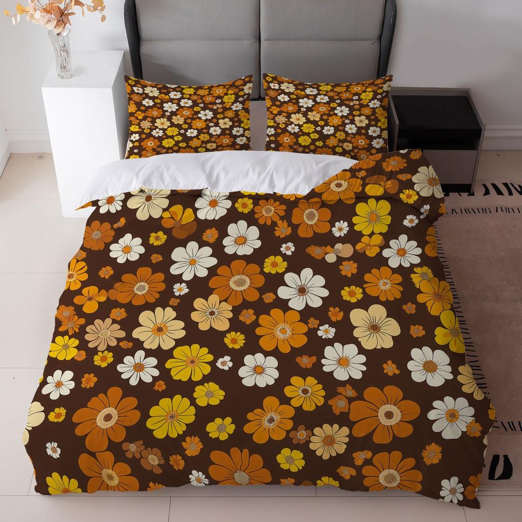 3Pcs Retro Floral Duvet Cover Set,Brown Orange Flower Print Polyester Bedding With Pillowcases,Machine Washable All Season