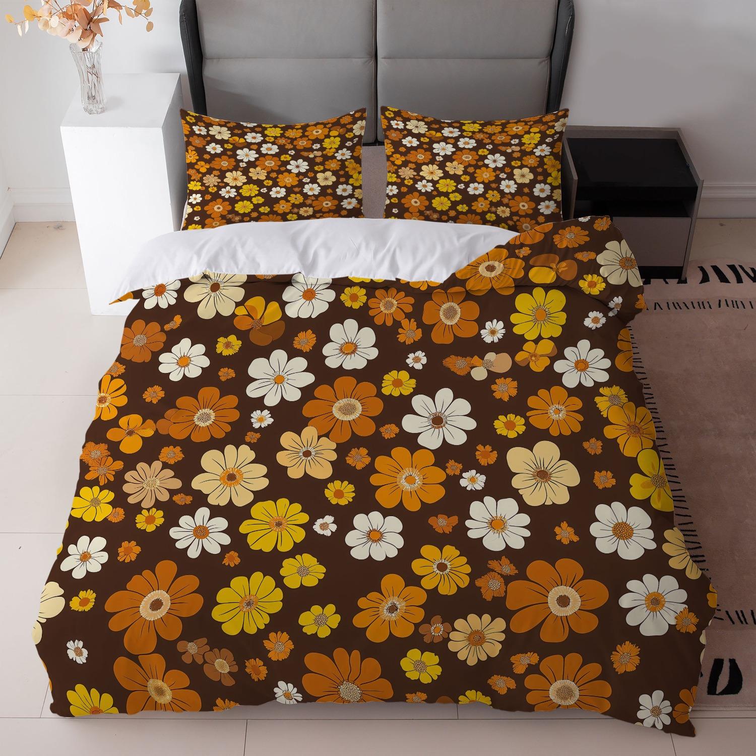 

3Pcs Retro Floral Duvet Cover Set, Brown Orange Flower Print Polyester Bedding With Pillowcases, Machine Washable All Season AU Double(180x210cm)