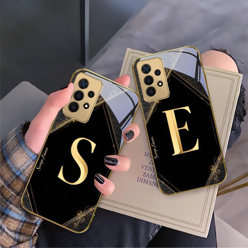 Luxurious emblem letters For Samsung A 01 52S A04 A05S A10 A12 13 22 23 24 36 42 M02 Note 10 20Ultra 8 9 Golden glass phone case