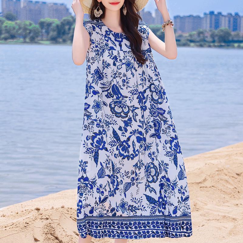 Casual Beach Dresses for Woman Plus Size Loose Vintage Print Long Sleeveless Dress Summer Women's Clothing