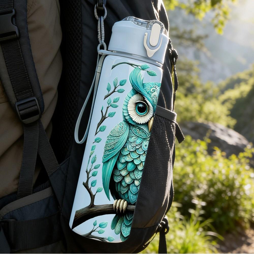 1PC Forest Owl Teal Vintage Illustration Art 750ml Color Plastic Sports Water Bottle Leakproof Flip Straw Lid Suitable for Sports Office Home Use