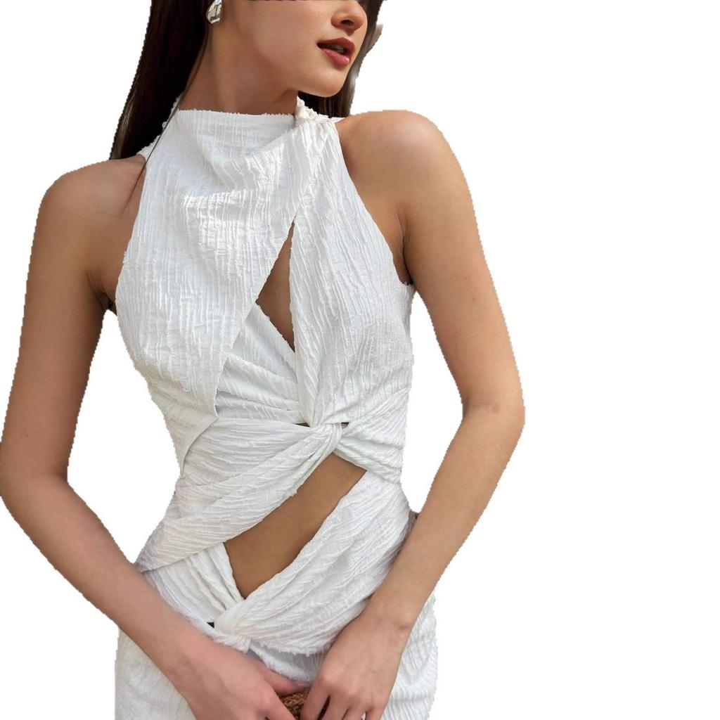 2025 Summer European & American Women's Sleeveless Hollow Sexy Crop Top & Skirt Set