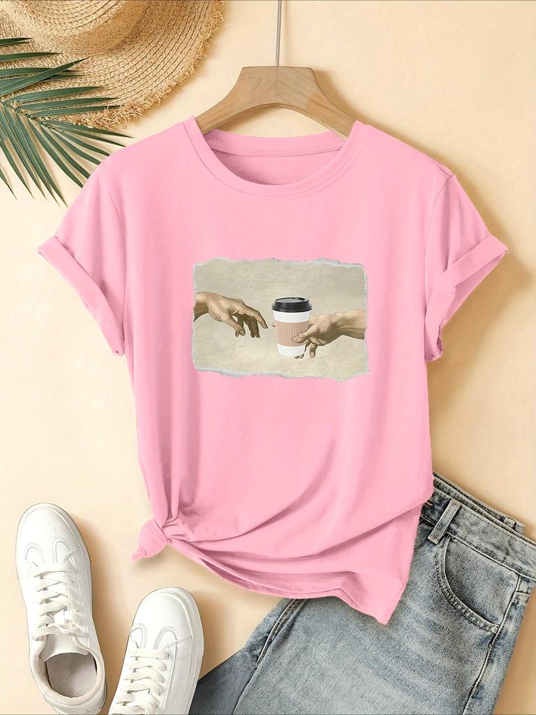 Womens Casual Graphic TShirt Short Sleeve Round Neck Summer with Coffee Cup and Hand Design Printed Casual Women Clothing