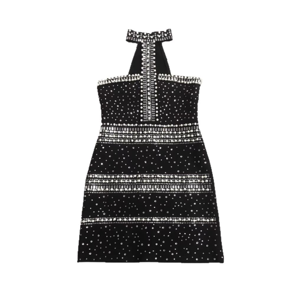 European and American women's clothing heavy industry beads neck tube top small black dress hot diamond slim short party banquet dress skirt