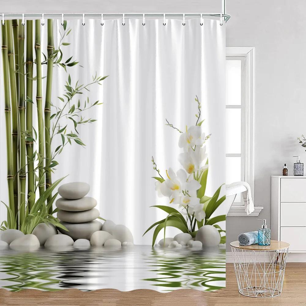 Zen Shower Curtains Black Stone Green Bamboo Lotus Spa Candle Purple Orchid Natural Leaf Bathroom Curtain Meditation Bath Decor