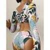 Long Sleeve Tropical Leaf Print Cutout One Piece Swimsuit Modest Bathing Suit