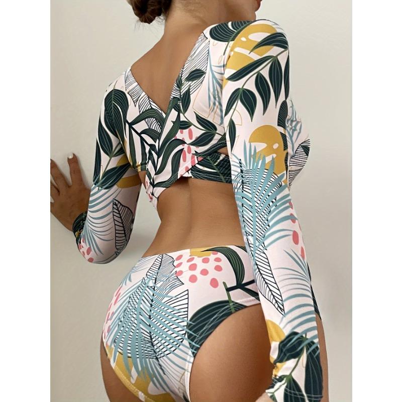Long Sleeve Tropical Leaf Print Cutout One Piece Swimsuit Modest Bathing Suit