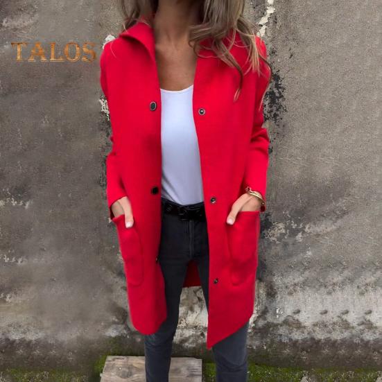 Damen Wolljacke mit Kapuze, einfarbig, einreihig, mittellang, Thermo-Langarm, Pendeln, Dating, Frühling, Herbst, Wintermantel