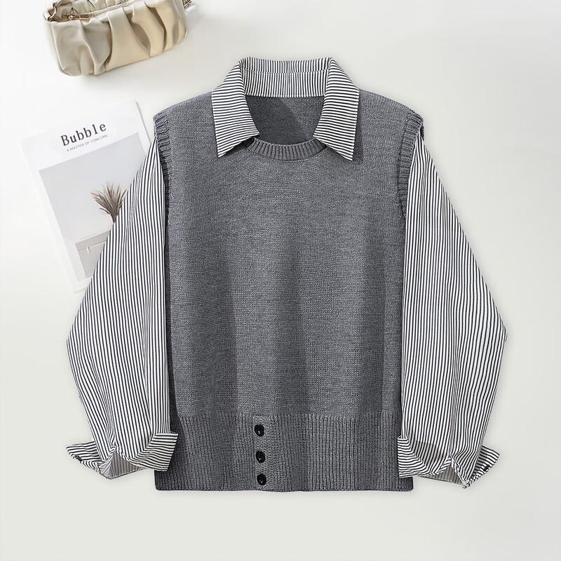 Women s Lapel Faux Two-Piece Knitted Pullover Sweater One Size