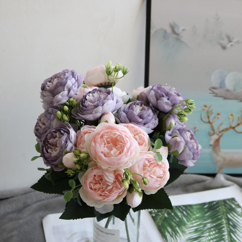30cm Rose Pink Silk Bouquet Peony Artificial Flowers 5 Big Heads 4 Small Bud Bride Wedding Home Decoration Fake Flowers Faux