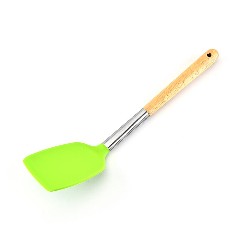 Durable Wooden Handle Silicone Kitchenware 7-Piece Set: Non-Stick Spatula & Spoon
