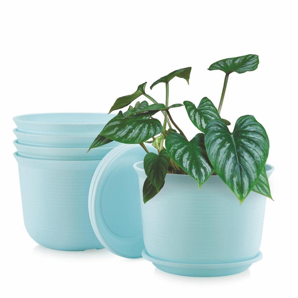 10 Inch Plastic Round Flower Pots with Tray for Home Planters, Terrace, Garden Etc | Pack of 05 | Blue | for Home Indoor & Outdoor Gardening Plants