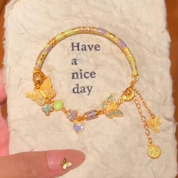 Guochao New Chinese Butterfly Burnt Blue Drip Oil Bracelet Gentle and Exquisite Versatile Retro Women's Half Bracelet Half Chain Jewelry Accessories