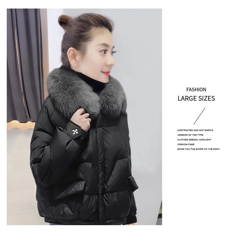Plus Size Women's Winter Coat with Fur Collar - Shiny, Loose Down Cotton Fashion Jacket