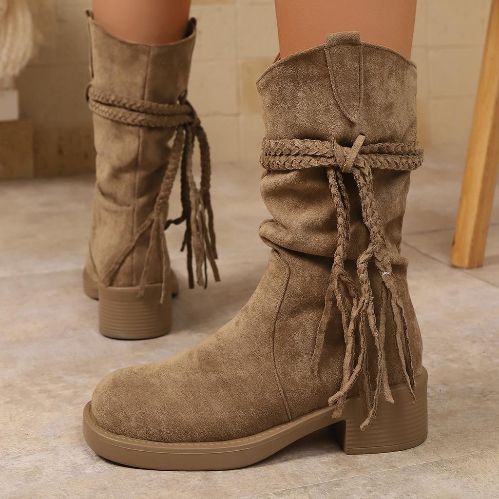 New Tassel Boots Retro Fashion Style Fashion Boots Thick Heel Long Tube Slim Look Stacked Middle Tube Boots