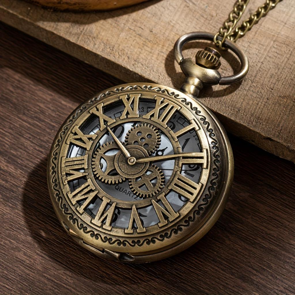 Vintage Roman Numeral Hollow Pocket Watch, Large Size Time Gear Watch, Classic Creative Retro Gear Pocket Watch for Daily and Memorial Use
