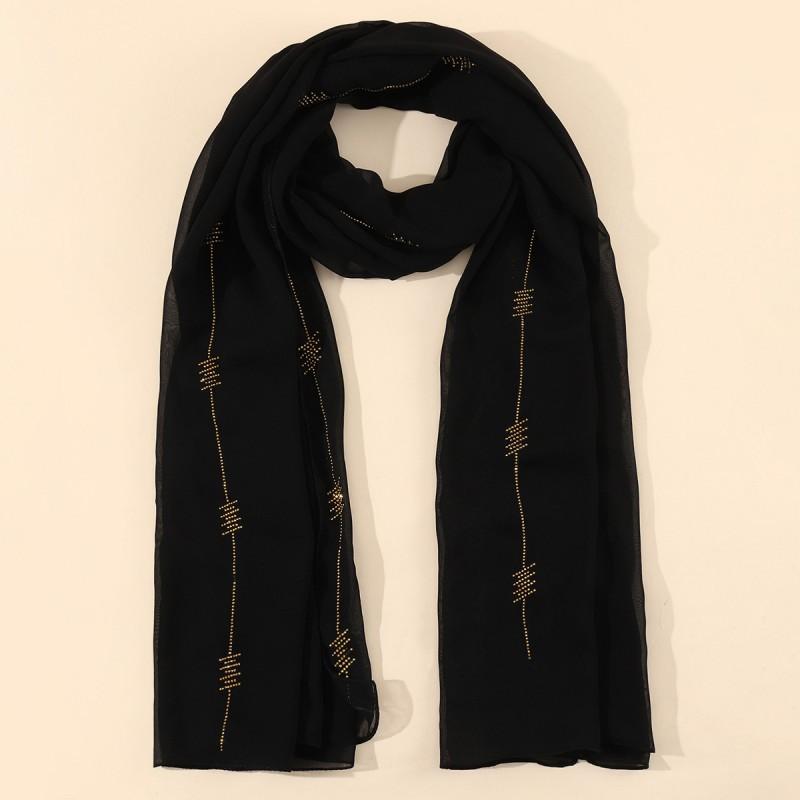 Womens Long Scarf With Rhinestone Embellishment Ethnic Style Head Cover Lightweight Wrap Winter Fashion Accessory Black