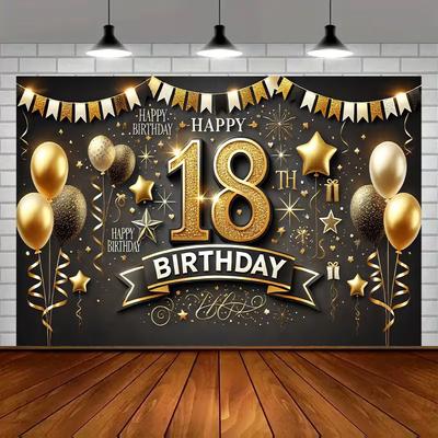 Sfondo Fotografico 2D Buon 18° Compleanno, Striscione per Festa a Tema Stelle e Palloncini Nero Oro