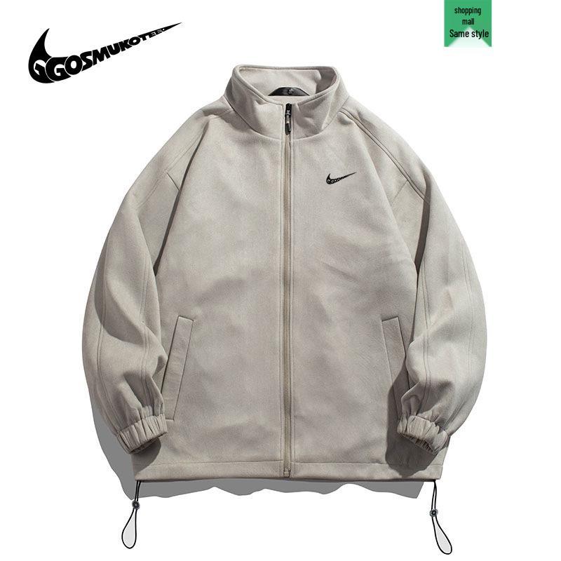 Giacca Unisex in Pelle Scamosciata e Pile con Collo Rialzato Stile Giapponese - Uomo Primavera/Autunno 2025 Sportiva e Studente Vestibilità Larga