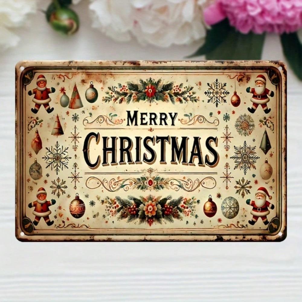 Vintage Merry Christmas Metal Tin Sign 11.9"x7.9", Rustic 2D Flat Wall Decor with Festive Motifs Indoor/Outdoor