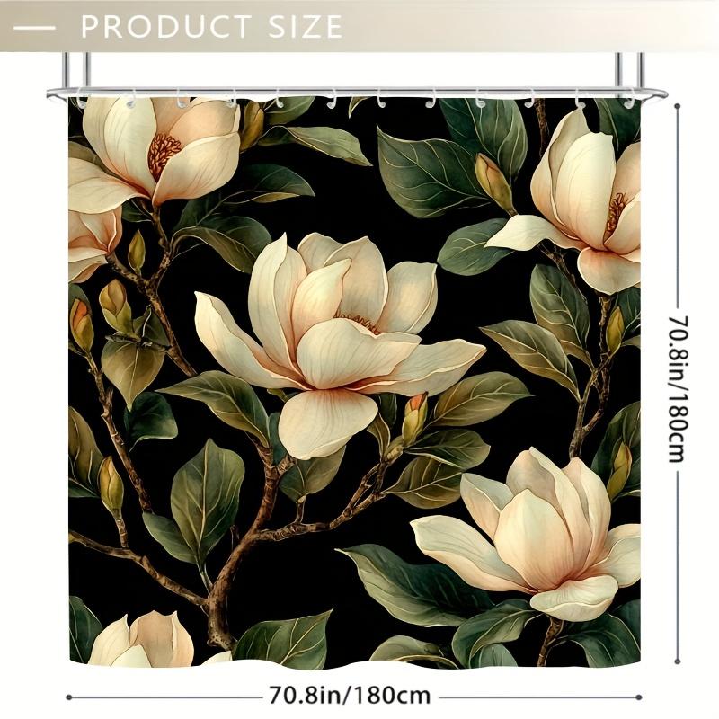 1Pc Magnolia Floral Shower Curtain - Black Background, White Flowers & Green Leaves,71X71 Inch, Polyester, Summer Bathroom Decor