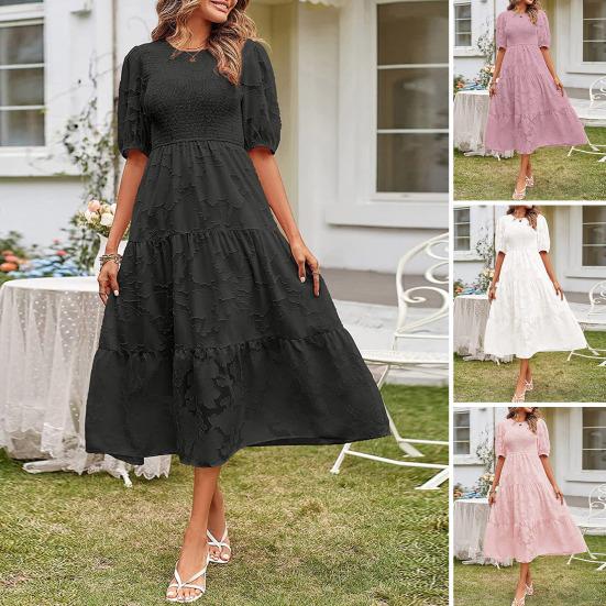 

Плиссированный эластичный топ с круглым вырезом и пышными рукавами, струящееся многоуровневое вечернее платье с подолом, женское милое платье миди с цветочным принтом