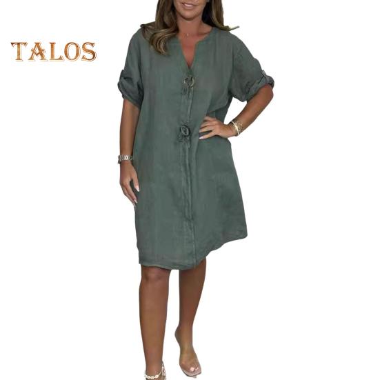 Summer Autumn Women Dress V Neck Threee Quarter Sleeves Loose Plus Size Knee Length Retro Daily Wear Office Casual Midi Dress