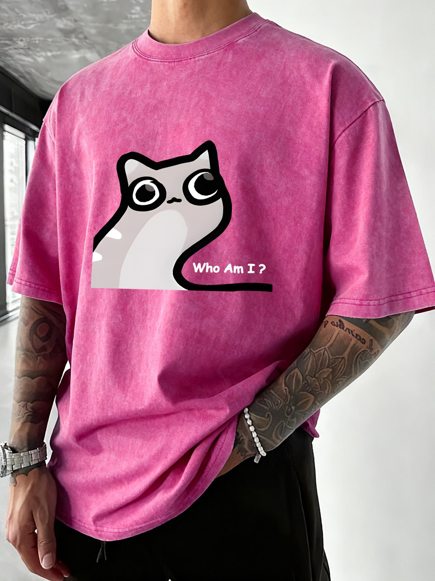 

Who Am I Cat Printed Washed TShirt Mens Running Cotton T Shirts Crewneck Oversized Clothes Summer Soft Man Short Sleeves S
