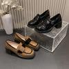 Spring and autumn square head black small leather shoes one-pedal loafers high heels 2025 new versatile bright leather women's single shoes
