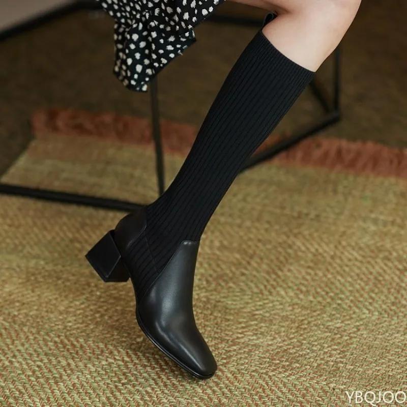 Socks boots elastic retro women's autumn winter thick heel mid heel knit simple comfortable temperament women's long boots