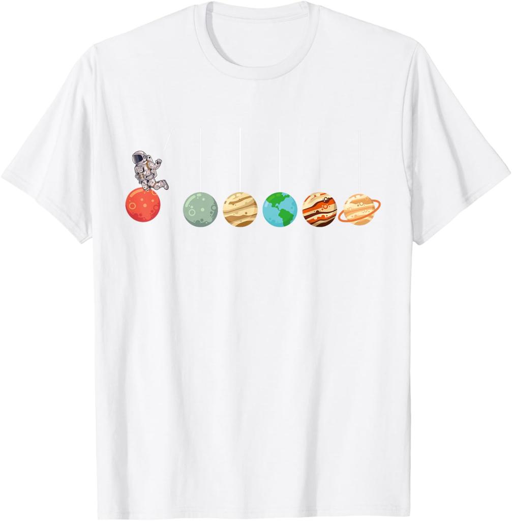 Solar System Pendulum Astronaut Graphic Tee Funny Science Enthusiasts Casual Short Sleeve T-Shirt