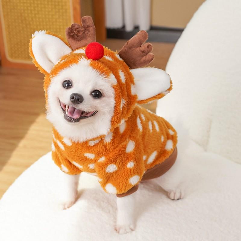 Pet Christmas Costume Deer Print Hooded Warm Outfit Medium Dogs Cats Winter
