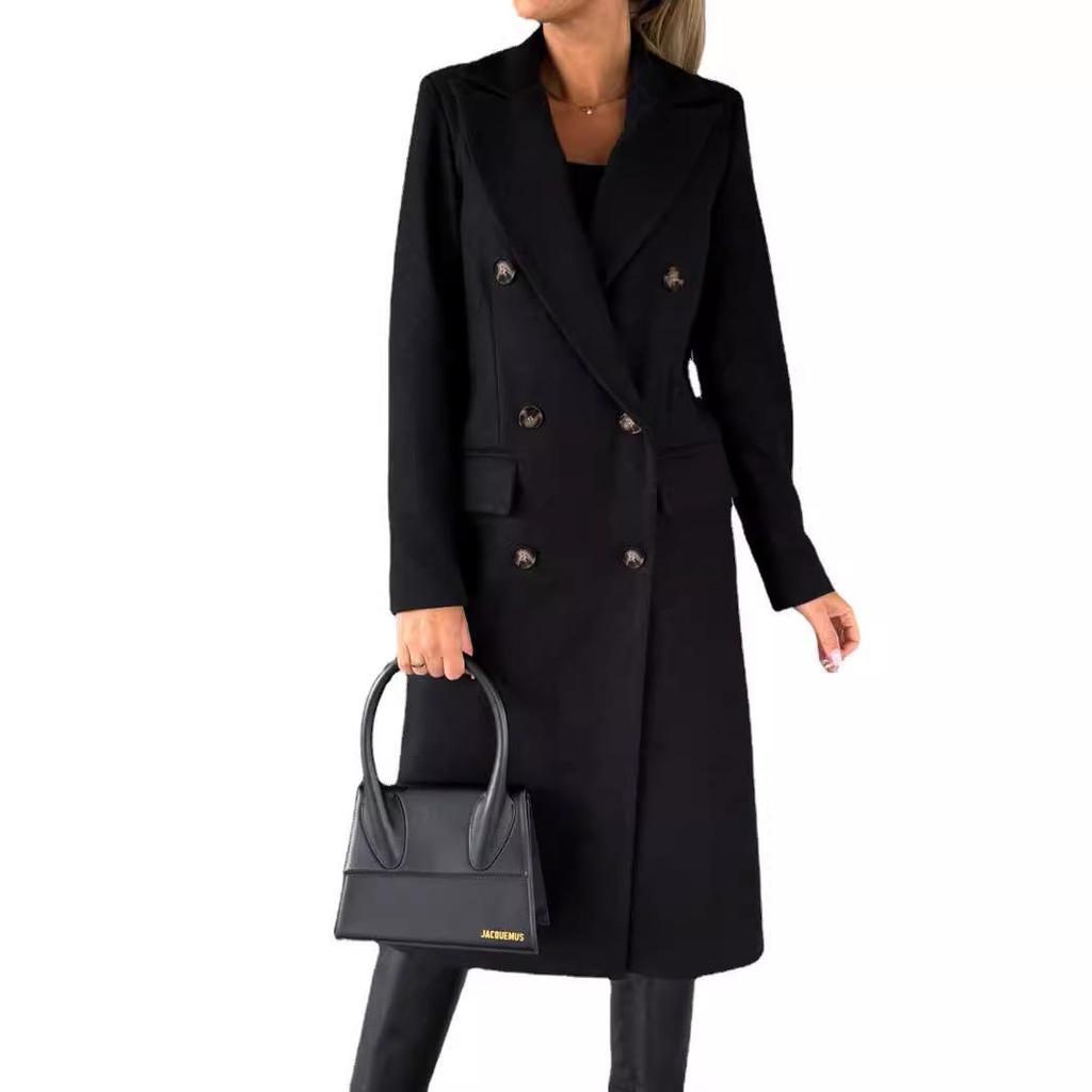Women's Spring 2025 Versatile Woolen Double-Breasted Long Sleeve Coat with Welt Pockets