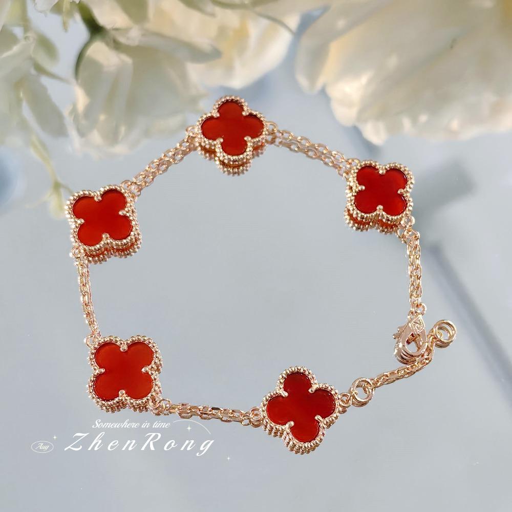 Women Jewelry Set Red Agnate Four Leaf Clover Necklace Ring Earrings Bracelet Natural Red Carnelian Luxury Gift