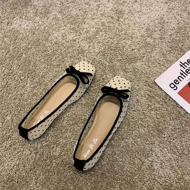Flat Bottom Polka Dot Mesh Doudou Fairy Shoes Summer Pointed Head Bow Soft Sole Shallow Mouth Breathable Women's Single Shoes