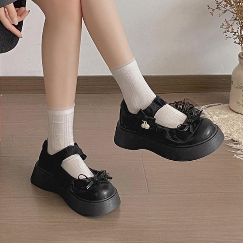 Britischer Stil Vintage Damen Mary Jane Schuhe Schlichter Schmetterlingsknoten Einzelne Schuhe Damen Höhensteigerung Kleid Leder Pumps